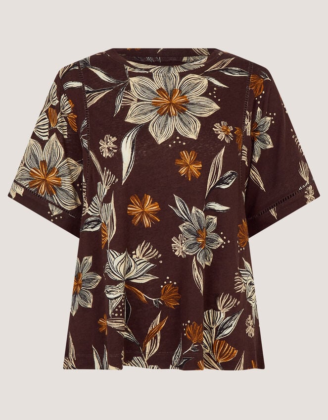 Esther Floral Linen Blend T-Shirt, Brown (CHOCOLATE), large