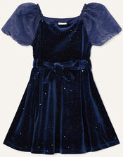Puff Sleeve Sparkle Velvet Dress, Blue (NAVY), large