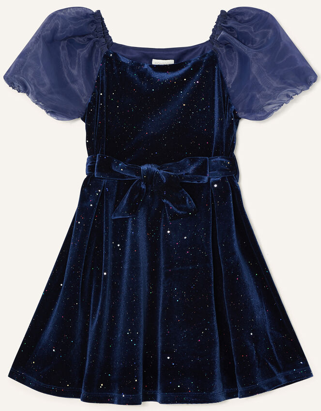 Puff Sleeve Sparkle Velvet Dress, Blue (NAVY), large