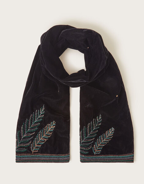 Feather Detail Velvet Scarf, , large