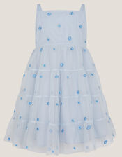Baby Thea Embroidered Back-Bow Tiered Dress, Blue (BLUE), large