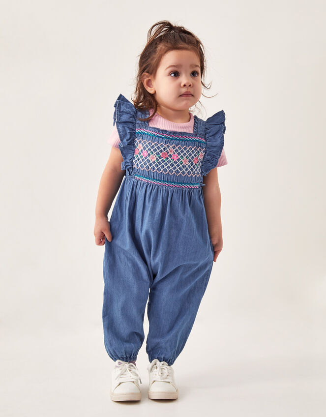 Baby Chambray Embroidered Romper, Blue (BLUE), large