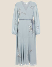 Gracie Embroidered Wrap Dress in Recycled Fabric, Grey (GREY), large
