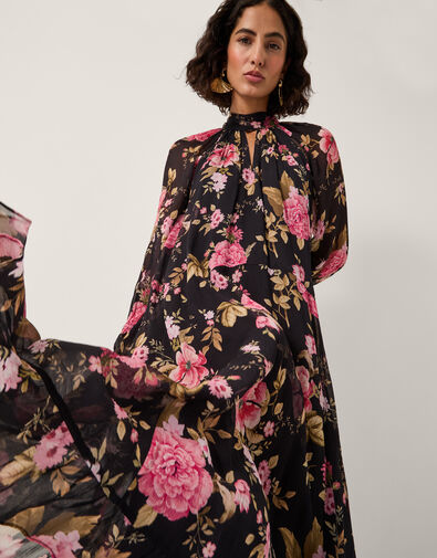 Mariel Floral Print Trapeze Midi Dress, Black (BLACK), large