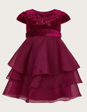 Baby Mabel Embroidered Velvet Dress, Red (BURGUNDY), large