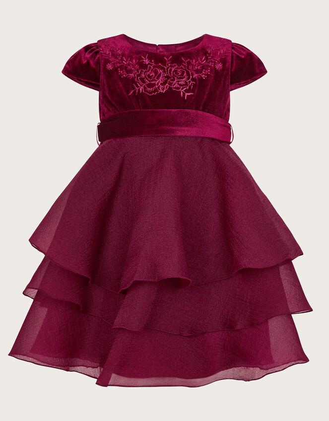 Baby Mabel Embroidered Velvet Dress, Red (BURGUNDY), large