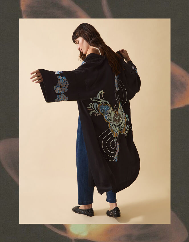 Clemence Butterfly Embroidered Long Kimono, Black (BLACK), large