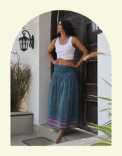 Dilli Grey Kaya Smocked Block Print Midi Skirt, Teal (TEAL), large