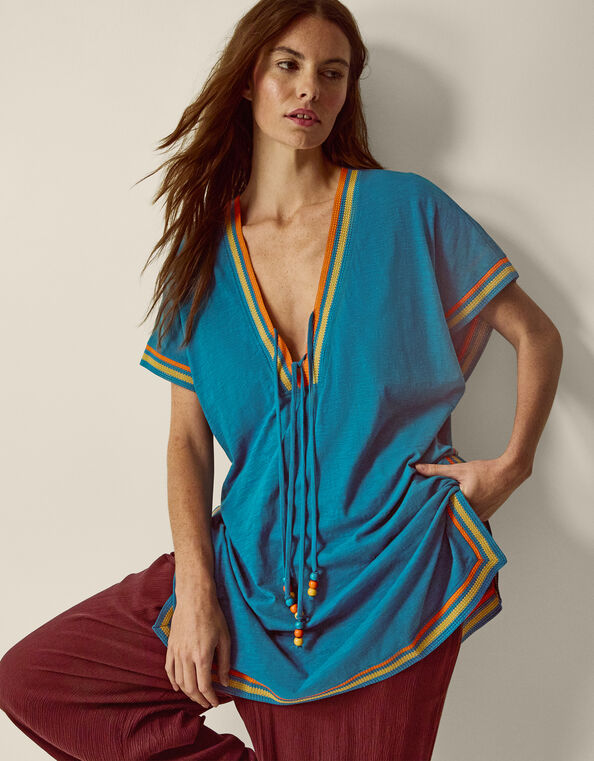 Maeve V-Neck Mini Kaftan, Blue (TURQUOISE), large