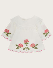 Boutique Short Sleeve Frill Embroidered Top, Ivory (IVORY), large