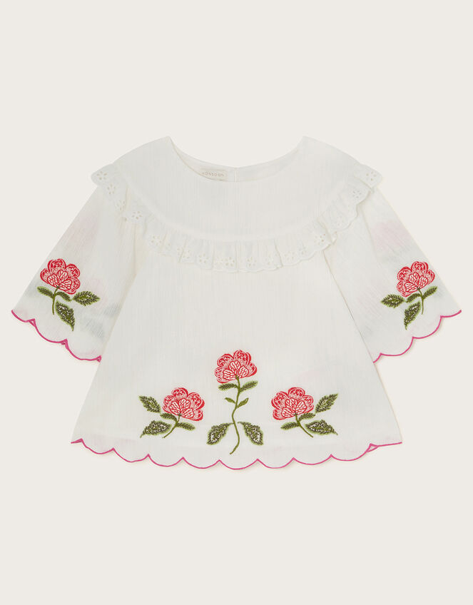 Boutique Short Sleeve Frill Embroidered Top, Ivory (IVORY), large