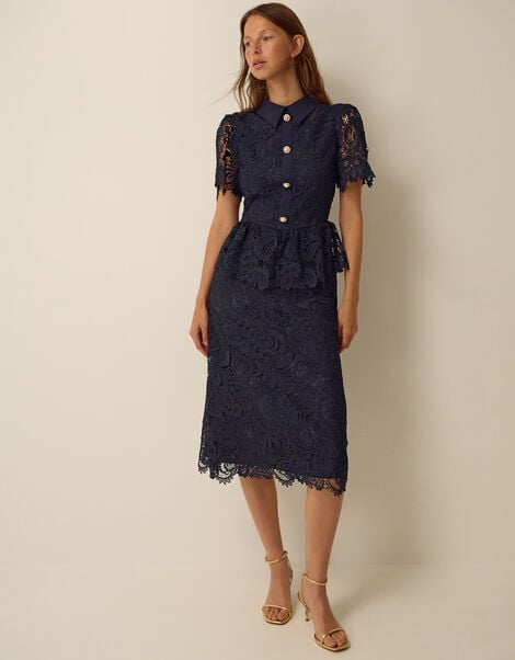 Alice Lace Peplum Midi Dress, Blue (NAVY), large