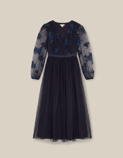 Charlotte Floral Embroidered Mesh Midi Dress, Blue (NAVY), large