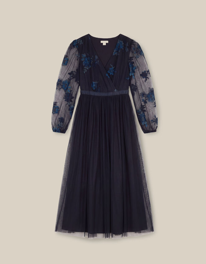 Charlotte Floral Embroidered Mesh Midi Dress, Blue (NAVY), large