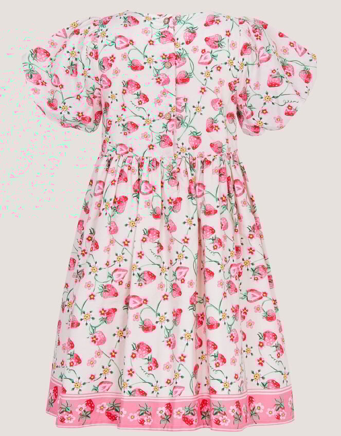 Puff Sleeve Strawberry Print Dress, Ivory (IVORY), large