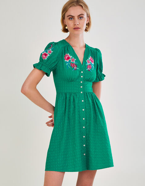 Embroidered Knee Length Dress in Sustainable Cotton Green, Green (GREEN), large