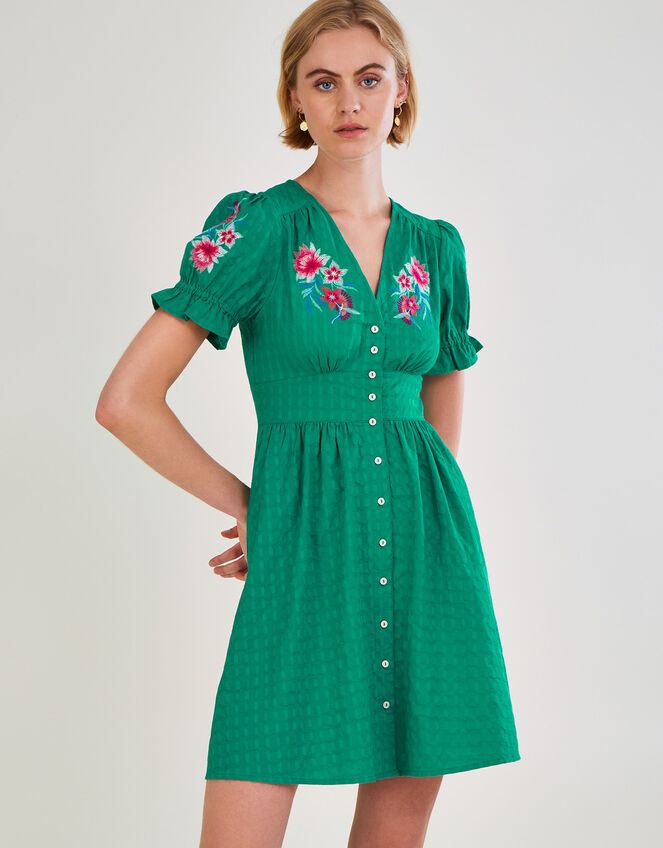 Embroidered Knee Length Dress in Sustainable Cotton, Green (GREEN), large