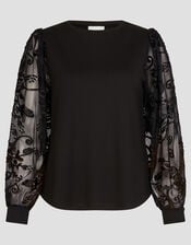 Immy Sheer Floral Sleeve Top, Black (BLACK), large