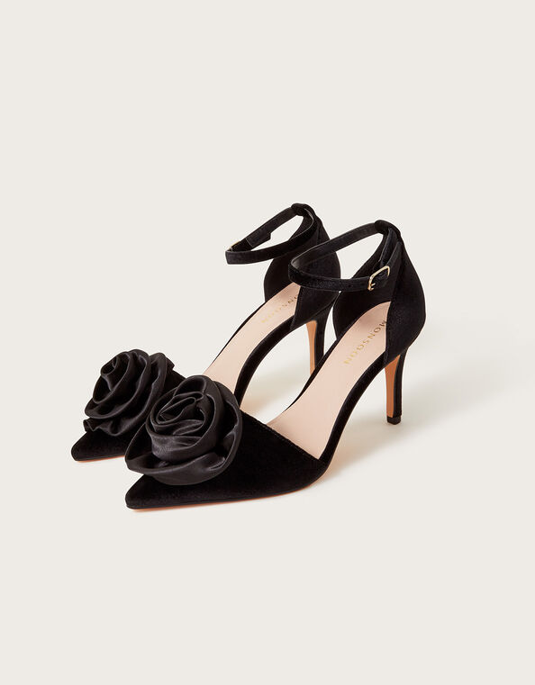 Satin Corsage Heeled Shoe, Black (BLACK), large