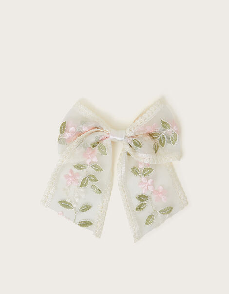 Floral Embroidered Bow Hair Clip, , large