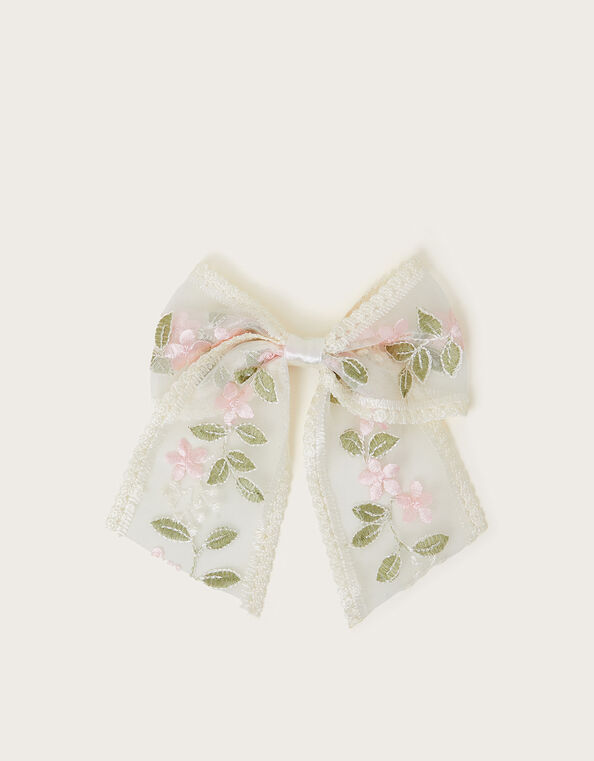 Floral Embroidered Bow Hair Clip, , large