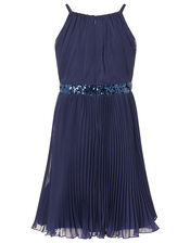 Sequin Waistband Chiffon Prom Dress, Blue (NAVY), large