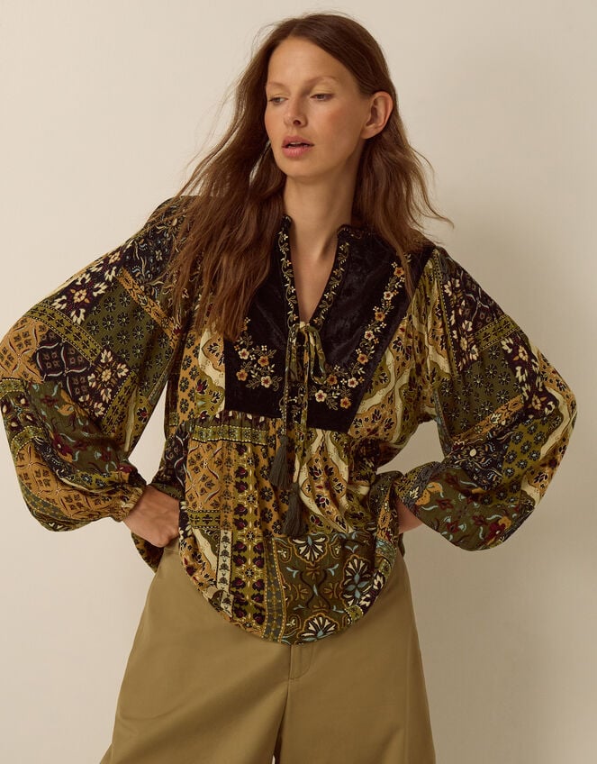 Laoise Floral Patchwork Top, Green (KHAKI), large