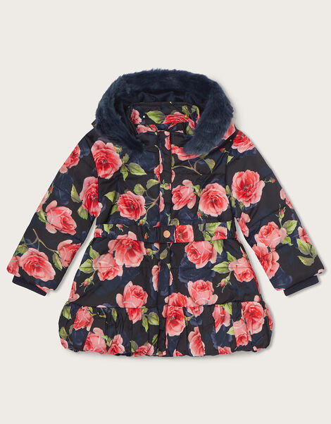 Baby Rose Print Padded Coat with Hood Blue, Blue (NAVY), large