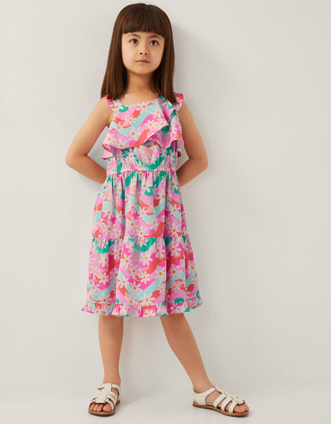 Asymmetrical Frilly Floral Dress, Pink (PINK), large