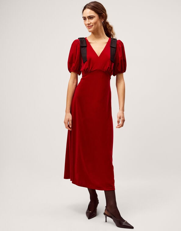 Betty Bow Velvet Midi Dress, Red (RED), large