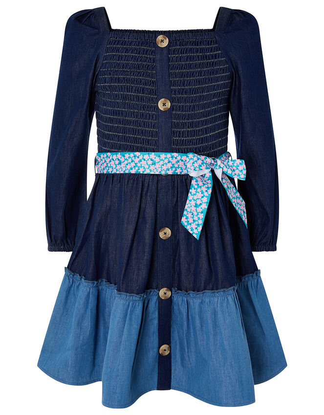 Shirred Denim Dress, Blue (BLUE), large