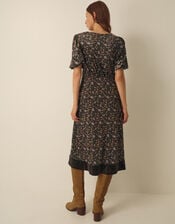 Carly V-Neck Floral Print Velvet Midi Dress, Brown (BROWN), large