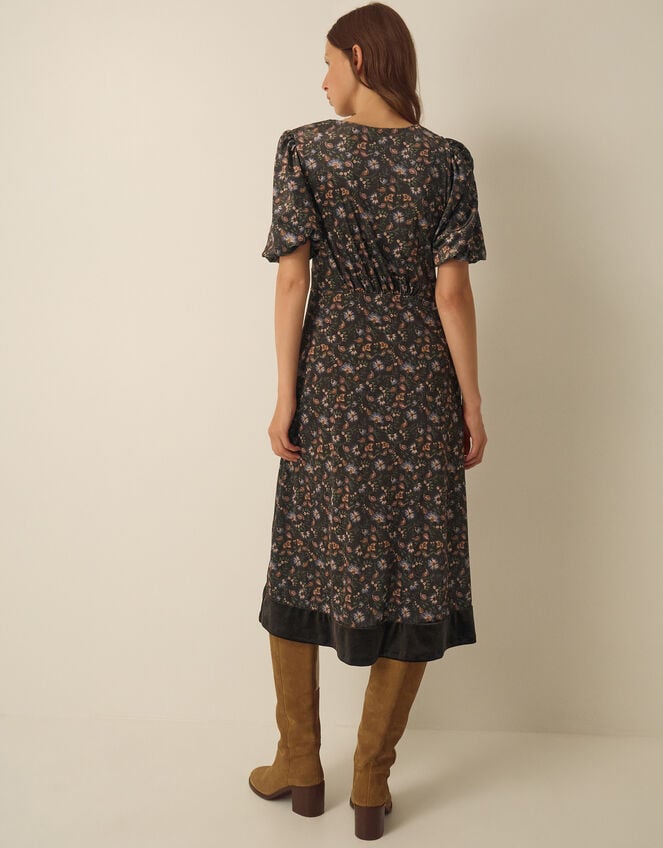 Carly V-Neck Floral Print Velvet Midi Dress, Brown (BROWN), large