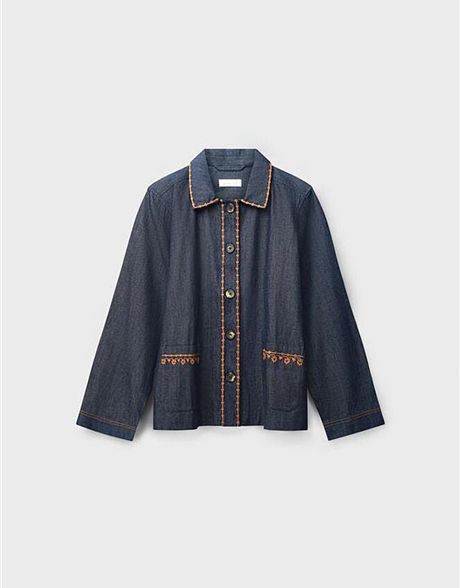 Easy Jayla Embroidered Denim Shirt Jacket, Blue (NAVY), large