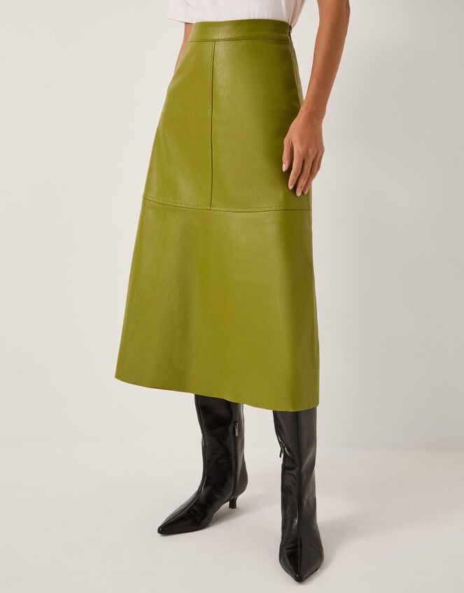 Pippa Faux Leather Midi Skirt, Green (OLIVE), large