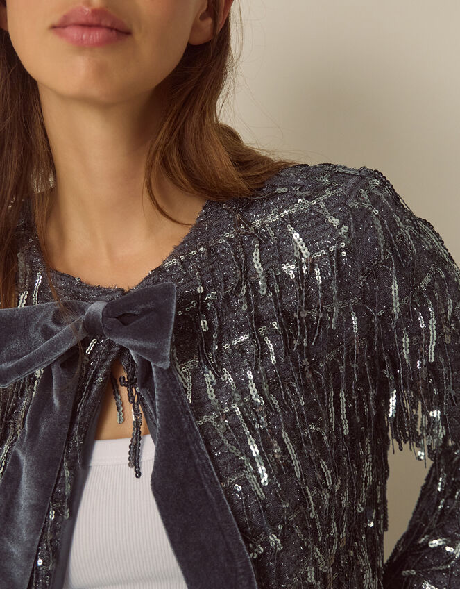 Sabia Velvet Bow Sequin Jacket, Dark Silver (GUNMETAL), large