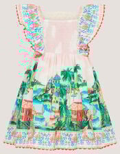 Baby Resort Scene Smock Dress, Ivory (IVORY), large