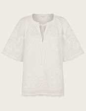 Embroidered Short Sleeve Top, White (WHITE), large