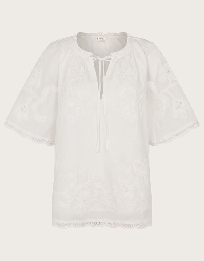 Embroidered Short Sleeve Top, White (WHITE), large