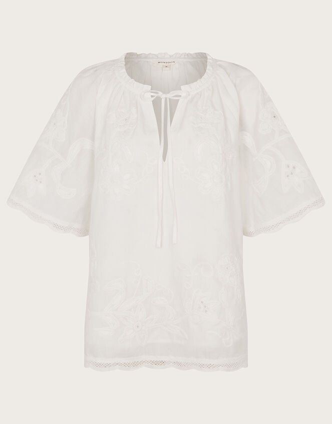 Embroidered Short Sleeve Top, White (WHITE), large