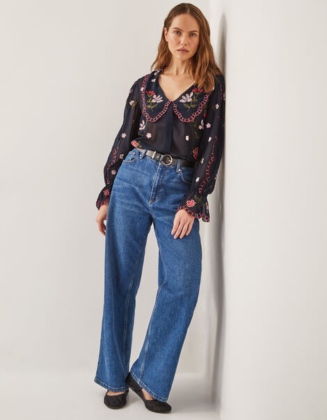 Laila Sheer Embroidered Collar Blouse, Black (BLACK), large