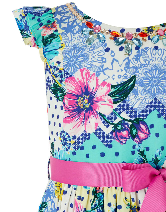 Blue Flower and Polka-Dot Tiered Dress, Blue (BLUE), large