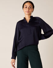 Long Sleeve Satin Blouse, Blue (NAVY), large