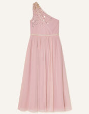 Sequin One-Shoulder Prom Dress, Pink (DUSKY PINK), large