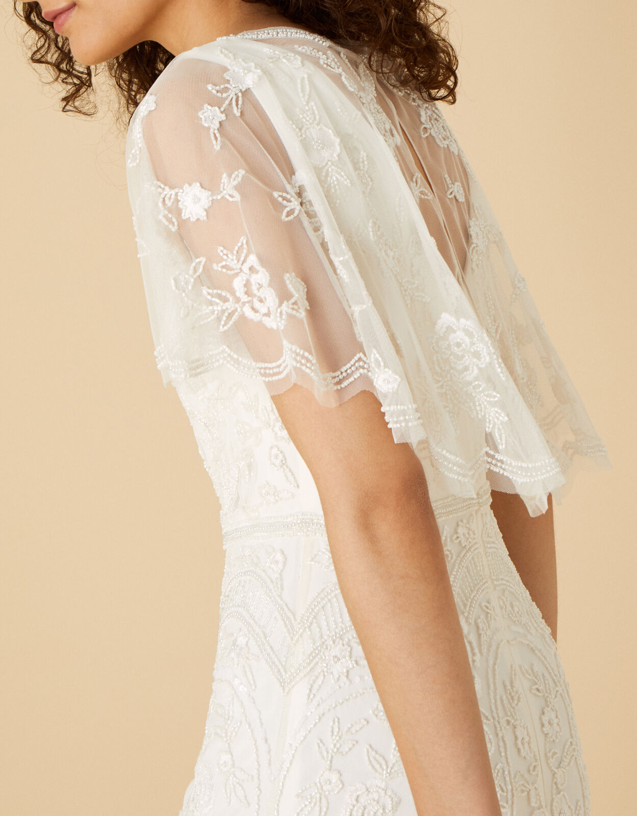 Audrey Embellished Cape Bridal Midi Dress Ivory