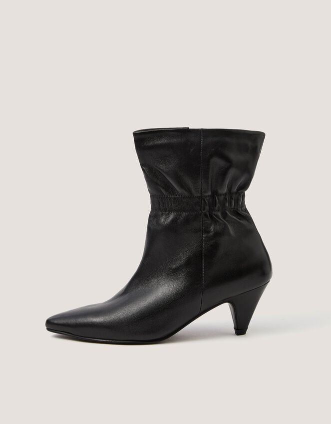 Fia Ruched Leather Kitten Heel Boots, Black (BLACK), large