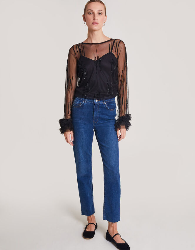 Carmen Sheer Sequin Corsage Top, Black (BLACK), large