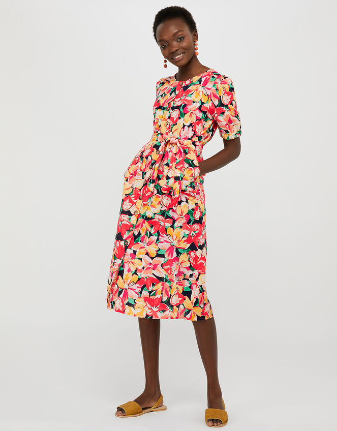 Verna Floral Midi Dress in Linen and Organic Cotton, Blue (NAVY), large