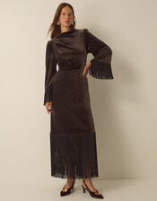 Tegan Long Sleeve Fringe Velvet Maxi Dress, Brown (CHOCOLATE), large