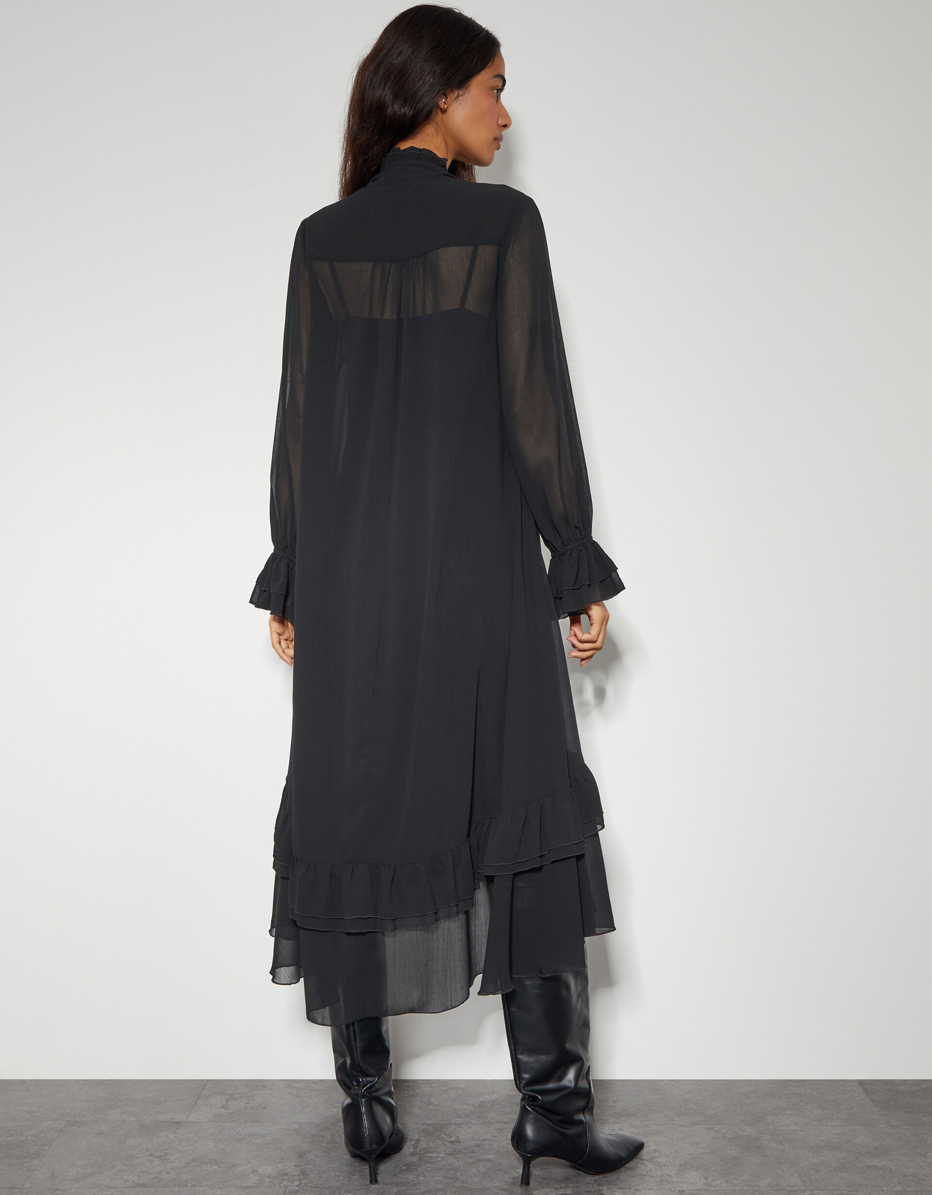 Aurelia Long Sleeve Ruffle Midi Dress Black | Day Dresses